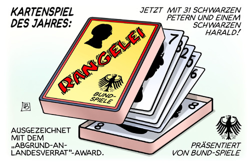 Cartoon: Rangelei (medium) by Harm Bengen tagged kartenspiel,des,jahres,rangelei,ausgezeichnet,abgrund,award,schwarzer,peter,harald,adler,bund,spiele,innenminister,justizminister,maas,de,maiziere,zurücktreten,rücktritt,maassen,landesverrat,range,generalbundesanwalt,netzpolitik,blogger,pressefreiheit,geheimdienst,anzeige,justiz,harm,bengen,cartoon,karikatur,kartenspiel,des,jahres,rangelei,ausgezeichnet,abgrund,award,schwarzer,peter,harald,adler,bund,spiele,innenminister,justizminister,maas,de,maiziere,zurücktreten,rücktritt,maassen,landesverrat,range,generalbundesanwalt,netzpolitik,blogger,pressefreiheit,geheimdienst,anzeige,justiz,harm,bengen,cartoon,karikatur