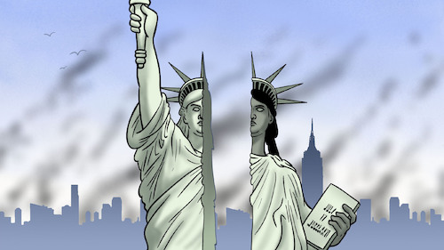 Cartoon: Rassismus spaltet (medium) by Harm Bengen tagged spaltung,liberty,freiheitsstatue,rauch,trump,rassismus,usa,schwarz,weiss,tod,george,floyd,unruhen,proteste,harm,bengen,cartoon,karikatur,spaltung,liberty,freiheitsstatue,rauch,trump,rassismus,usa,schwarz,weiss,tod,george,floyd,unruhen,proteste,harm,bengen,cartoon,karikatur