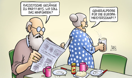 Cartoon: Rassistische Gesänge (medium) by Harm Bengen tagged party,hits,generalprobe,europameisterschaft,fussball,rassistische,gesänge,naziparolen,sylt,feiern,susemil,zeitung,lesen,harm,bengen,cartoon,karikatur,party,hits,generalprobe,europameisterschaft,fussball,rassistische,gesänge,naziparolen,sylt,feiern,susemil,zeitung,lesen,harm,bengen,cartoon,karikatur