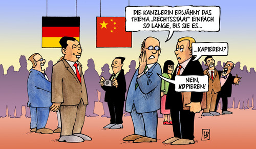 Cartoon: Rechtsstaat China (medium) by Harm Bengen tagged rechtsstaat,kanzlerin,kopieren,merkel,bundeskanzlerin,reise,china,wirtschaft,harm,bengen,cartoon,karikatur,rechtsstaat,kanzlerin,kopieren,merkel,bundeskanzlerin,reise,china,wirtschaft,harm,bengen,cartoon,karikatur