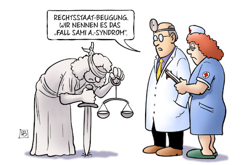 Cartoon: Rechtsstaatbeugung (medium) by Harm Bengen tagged rechtsstaat,beugung,wir,nennen,es,das,fall,sami,syndrom,justitia,gericht,arzt,krankenschwester,islamist,abschiebung,tunesien,harm,bengen,cartoon,karikatur,rechtsstaat,beugung,wir,nennen,es,das,fall,sami,syndrom,justitia,gericht,arzt,krankenschwester,islamist,abschiebung,tunesien,harm,bengen,cartoon,karikatur