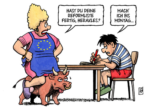 Cartoon: Reformliste (medium) by Harm Bengen tagged stier,reformliste,montag,merkel,tsipras,besuch,grexit,schulden,institutionen,hilfe,griechen,eurozone,ezb,iwf,troika,eu,euro,europa,griechenland,harm,bengen,cartoon,karikatur,stier,reformliste,montag,merkel,tsipras,besuch,grexit,schulden,institutionen,hilfe,griechen,eurozone,ezb,iwf,troika,eu,euro,europa,griechenland,harm,bengen,cartoon,karikatur