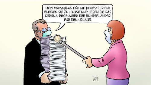 Cartoon: Regelwerk für Urlaub (medium) by Harm Bengen tagged vorschlag,herbstferien,reisen,corona,regelwerk,bundesländer,urlaub,chaos,papierstapel,stapel,interview,masken,harm,bengen,cartoon,karikatur,vorschlag,herbstferien,reisen,corona,regelwerk,bundesländer,urlaub,chaos,papierstapel,stapel,interview,masken,harm,bengen,cartoon,karikatur