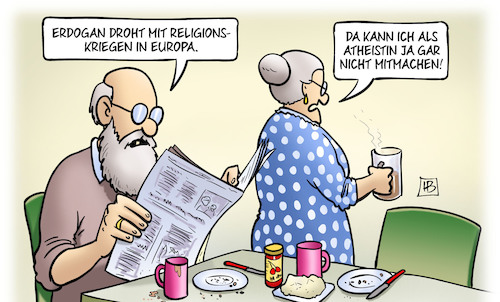 Cartoon: Religionskriege (medium) by Harm Bengen tagged erdogan,drohtung,religionskriege,europa,zeitung,atheistin,mitmachen,susemil,harm,bengen,cartoon,karikatur,erdogan,drohtung,religionskriege,europa,zeitung,atheistin,mitmachen,susemil,harm,bengen,cartoon,karikatur