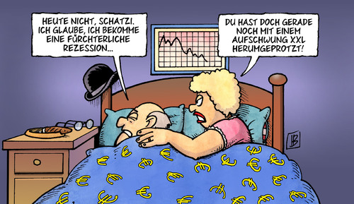 Cartoon: Rezessionsangst (medium) by Harm Bengen tagged bett,zigarre,unternehmer,dax,aktien,kurse,börse,konjunktur,angst,wirtschaft,aufschwung,rezession,währung,euro,frau,mann,hut,rezession,aufschwung,wirtschaft,angst,konjunktur,börse,kurse,aktien,unternehmer,bett,zigarre