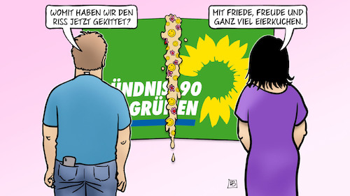 Cartoon: Riss gekittet (medium) by Harm Bengen tagged riss,gekittet,friede,freude,eierkuchen,grüne,habeck,baerbock,asylpolitik,harm,bengen,cartoon,karikatur,riss,gekittet,friede,freude,eierkuchen,grüne,habeck,baerbock,asylpolitik,harm,bengen,cartoon,karikatur