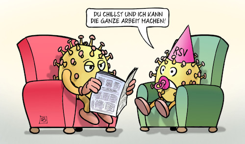 Cartoon: RSV-Virus (medium) by Harm Bengen tagged rsv,virus,viren,kind,sessel,schnuller,corona,kinderkrankenhaus,notstand,harm,bengen,cartoon,karikatur,rsv,virus,viren,kind,sessel,schnuller,corona,kinderkrankenhaus,notstand,harm,bengen,cartoon,karikatur