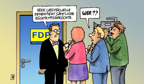 Cartoon: Rücktrittsgerüchte (medium) by Harm Bengen tagged rücktrittsgerüchte,fdp,westerwelle,parteivorsitz,parteivorsitzender,parteitag,rücktritt,gerücht,dementi,dementieren,interview,journalist,frage,kamera,tv,rücktritt,guido westerwelle,fdp,parteivorsitz,parteivorsitzender,parteitag,gerücht,dementi,dementieren,interview,journalist,kamera,guido,westerwelle