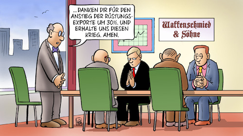 Cartoon: Rüstungsanstieg 2024 (medium) by Harm Bengen tagged anstieg,rüstungsexporte,rüstungsindustrie,waffenschmidt,krieg,amen,beten,harm,bengen,cartoon,karikatur,anstieg,rüstungsexporte,rüstungsindustrie,waffenschmidt,krieg,amen,beten,harm,bengen,cartoon,karikatur