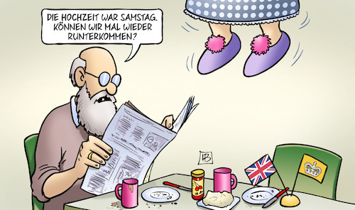 Cartoon: Runterkommen (medium) by Harm Bengen tagged samstag,royals,runterkommen,silberhochzeit,england,harry,meghan,susemil,harm,bengen,cartoon,karikatur,samstag,royals,runterkommen,silberhochzeit,england,harry,meghan,susemil,harm,bengen,cartoon,karikatur