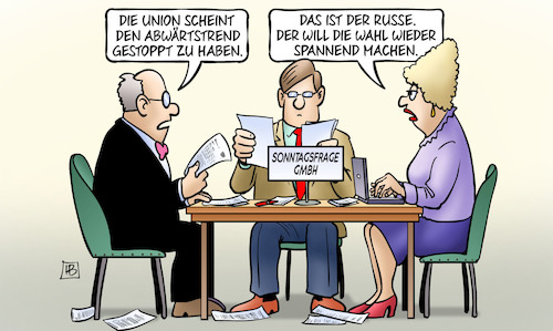 Cartoon: Russe machts spannend (medium) by Harm Bengen tagged union,abwärtstrend,gestoppt,cdu,csu,wahlforscher,umfragen,russe,spannend,sonntagsfrage,bundestagswahl,wahlkampf,harm,bengen,cartoon,karikatur,union,abwärtstrend,gestoppt,cdu,csu,wahlforscher,umfragen,russe,spannend,sonntagsfrage,bundestagswahl,wahlkampf,harm,bengen,cartoon,karikatur