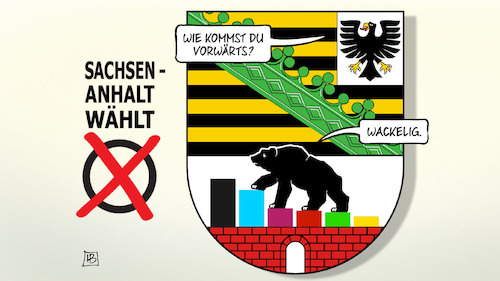 Cartoon: Sachsen-Anhalt wackelig (medium) by Harm Bengen tagged wappen,bär,adler,wackelig,parteien,koalition,sachsen,anhalt,landtagswahl,harm,bengen,cartoon,karikatur,wappen,bär,adler,wackelig,parteien,koalition,sachsen,anhalt,landtagswahl,harm,bengen,cartoon,karikatur