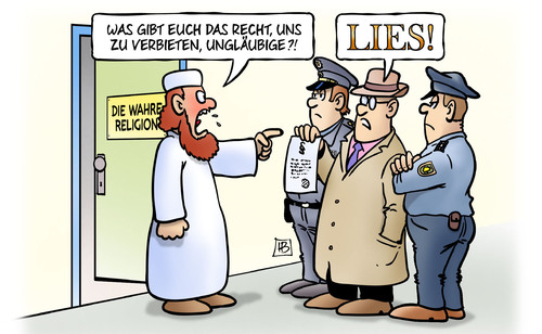 Cartoon: Salafisten-Verbot (medium) by Harm Bengen tagged salafisten,verbot,ungläubige,polizei,verein,koranverteilung,lies,wahre,religion,harm,bengen,cartoon,karikatur,salafisten,verbot,ungläubige,polizei,verein,koranverteilung,lies,wahre,religion,harm,bengen,cartoon,karikatur