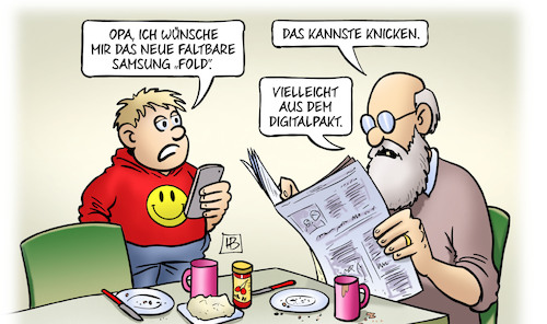 Cartoon: Samsung Fold (medium) by Harm Bengen tagged faltbare,samsung,fold,knicken,handy,kind,digitalpakt,schulen,opa,susemil,enkel,harm,bengen,cartoon,karikatur,faltbare,samsung,fold,knicken,handy,kind,digitalpakt,schulen,opa,susemil,enkel,harm,bengen,cartoon,karikatur