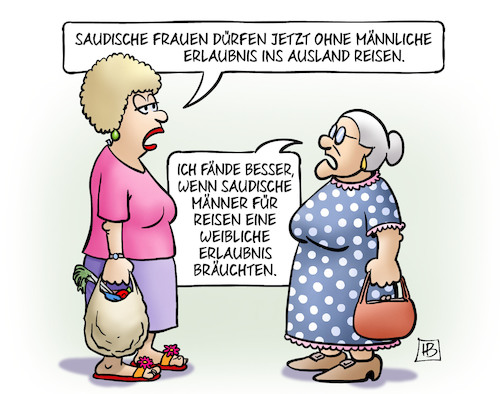 Cartoon: Saudische Frauen (medium) by Harm Bengen tagged saudische,frauen,männliche,erlaubnis,ausland,reisen,männer,weibliche,saudi,arabien,susemil,jutta,harm,bengen,cartoon,karikatur,saudische,frauen,männliche,erlaubnis,ausland,reisen,männer,weibliche,saudi,arabien,susemil,jutta,harm,bengen,cartoon,karikatur