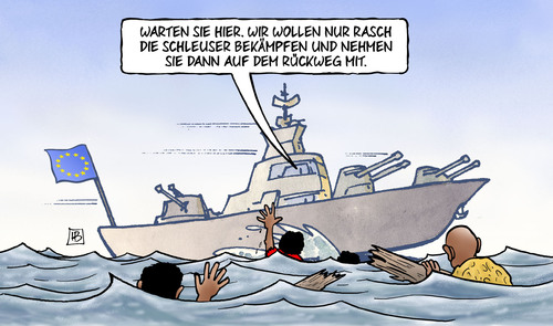 Cartoon: Schleuser-Bekämpfung (medium) by Harm Bengen tagged schiff,rückweg,schleuser,schlepper,banden,libyen,afrika,schiffbrüchige,europa,eu,flüchtlingskatastrophe,flüchtlinge,ertrinken,tod,mittelmeer,triton,mare,nostrum,monitor,harm,bengen,cartoon,karikatur,schiff,rückweg,schleuser,schlepper,banden,libyen,afrika,schiffbrüchige,europa,eu,flüchtlingskatastrophe,flüchtlinge,ertrinken,tod,mittelmeer,triton,mare,nostrum,monitor,harm,bengen,cartoon,karikatur