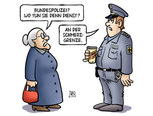 Cartoon: Schmerzgrenze (medium) by Harm Bengen tagged bundespolizei,beamte,dienst,schmerzgrenze,flüchtlinge,flucht,grenze,asyl,susemil,harm,bengen,cartoon,karikatur,bundespolizei,beamte,dienst,schmerzgrenze,flüchtlinge,flucht,grenze,asyl,susemil,harm,bengen,cartoon,karikatur