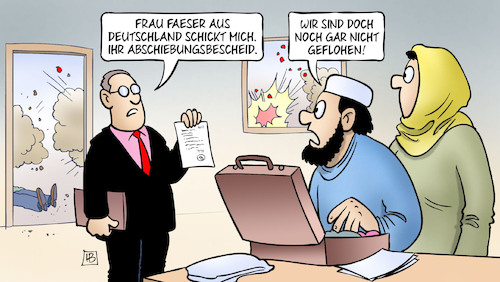 Cartoon: Schnellere Abschiebungen (medium) by Harm Bengen tagged innenministerin,faeser,spd,deutschland,abschiebungsbescheid,flucht,flüchtlinge,asyl,krieg,migrationspolitik,harm,bengen,cartoon,karikatur,innenministerin,faeser,spd,deutschland,abschiebungsbescheid,flucht,flüchtlinge,asyl,krieg,migrationspolitik,harm,bengen,cartoon,karikatur