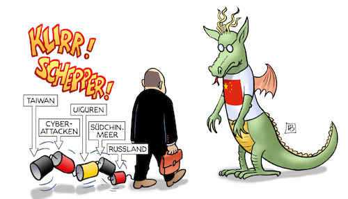 Cartoon: Scholz-Chinabesuch (medium) by Harm Bengen tagged scholz,chinabesuch,drache,blechdosen,klappern,taiwan,cyberattacken,uiguren,südchinesisches,meer,russland,aktentasche,harm,bengen,cartoon,karikatur,scholz,chinabesuch,drache,blechdosen,klappern,taiwan,cyberattacken,uiguren,südchinesisches,meer,russland,aktentasche,harm,bengen,cartoon,karikatur