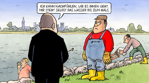 Cartoon: Scholz im Hochwassergebiet (medium) by Harm Bengen tagged scholz,besuch,hochwassergebiet,wasser,hals,sandsaecke,regen,dauerregen,hochwasser,harm,bengen,cartoon,karikatur,scholz,besuch,hochwassergebiet,wasser,hals,sandsaecke,regen,dauerregen,hochwasser,harm,bengen,cartoon,karikatur