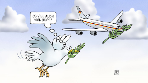 Cartoon: Scholz nach Nah-Ost (medium) by Harm Bengen tagged palmzweig,flieger,flugzeug,regierungsflieger,friedenstaube,frieden,falke,gaza,israel,hamas,palästina,terror,krieg,harm,bengen,cartoon,karikatur,palmzweig,flieger,flugzeug,regierungsflieger,friedenstaube,frieden,falke,gaza,israel,hamas,palästina,terror,krieg,harm,bengen,cartoon,karikatur