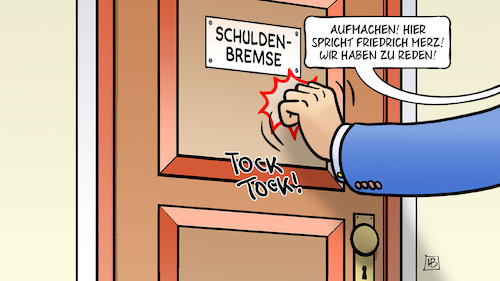 Cartoon: Schuldenbremse am Tag danach (medium) by Harm Bengen tagged schuldenbremse,tür,klopfen,aufmachen,friedrich,merz,bundestagswahl,wahlkampf,harm,bengen,cartoon,karikatur,schuldenbremse,tür,klopfen,aufmachen,friedrich,merz,bundestagswahl,wahlkampf,harm,bengen,cartoon,karikatur