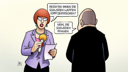 Cartoon: Schwere Fragen (medium) by Harm Bengen tagged scholz,interview,kopfzerbrechen,fragen,bundeskanzler,schwere,waffen,kritik,russland,ukraine,krieg,harm,bengen,cartoon,karikatur,scholz,interview,kopfzerbrechen,fragen,bundeskanzler,schwere,waffen,kritik,russland,ukraine,krieg,harm,bengen,cartoon,karikatur