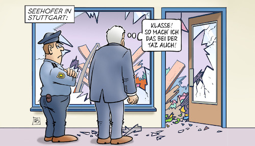 Cartoon: Seehofer in Stuttgart (medium) by Harm Bengen tagged seehofer,innenminister,stuttgart,randale,zerstörungen,plünderungen,polizei,fenster,glasscheibe,laden,taz,pressefreiheit,anzeige,harm,bengen,cartoon,karikatur,seehofer,innenminister,stuttgart,randale,zerstörungen,plünderungen,polizei,fenster,glasscheibe,laden,taz,pressefreiheit,anzeige,harm,bengen,cartoon,karikatur