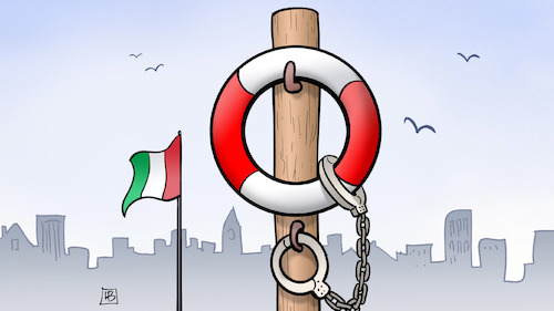 Cartoon: Seenotrettung Italien (medium) by Harm Bengen tagged sea,watch,seenotrettung,verhaftung,italien,carola,rackete,migration,flüchtlinge,eu,europa,rettungsring,handschellen,kette,harm,bengen,cartoon,karikatur,sea,watch,seenotrettung,verhaftung,italien,carola,rackete,migration,flüchtlinge,eu,europa,rettungsring,handschellen,kette,harm,bengen,cartoon,karikatur