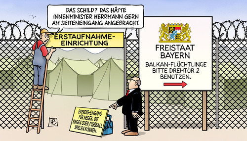 Cartoon: Seiteneingang (medium) by Harm Bengen tagged erstaufnahme,einrichtung,lager,balkan,drehtuer,schild,innenminister,herrmann,seiteneingang,bayern,express,eingang,neger,singen,fussball,fluechtlinge,asyl,rassismus,rechts,vorurteile,fremdenfeindlichkeit,harm,bengen,cartoon,karikatur,erstaufnahme,einrichtung,lager,balkan,drehtuer,schild,innenminister,herrmann,seiteneingang,bayern,express,eingang,neger,singen,fussball,fluechtlinge,asyl,rassismus,rechts,vorurteile,fremdenfeindlichkeit,harm,bengen,cartoon,karikatur