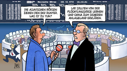 Cartoon: Sicheres Anlageland (medium) by Harm Bengen tagged fluechtlingskrise,fluechtlinge,asyl,lernen,sicheres,herkunftsland,anlageland,interview,china,wirtschaft,dax,griechen,chinesen,aktien,boerse,krise,harm,bengen,cartoon,karikatur,fluechtlingskrise,fluechtlinge,asyl,lernen,sicheres,herkunftsland,anlageland,interview,china,wirtschaft,dax,griechen,chinesen,aktien,boerse,krise,harm,bengen,cartoon,karikatur