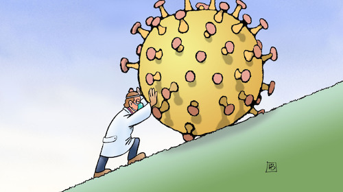 Cartoon: Sisyphos-Corona (medium) by Harm Bengen tagged sisyphos,coronavirus,mediziner,arzt,harm,bengen,cartoon,karikatur,sisyphos,coronavirus,mediziner,arzt,harm,bengen,cartoon,karikatur