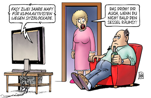 Cartoon: Sitzblockade (medium) by Harm Bengen tagged haft,klimaaktivisten,sitzblockade,tv,sessel,mann,frau,harm,bengen,cartoon,karikatur,haft,klimaaktivisten,sitzblockade,tv,sessel,mann,frau,harm,bengen,cartoon,karikatur