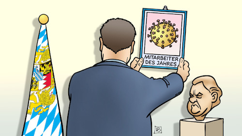 Cartoon: Söders Mitarbeiter (medium) by Harm Bengen tagged mitarbeiter,des,jahres,söder,minsterpräsident,bayern,strauss,büste,fahne,profilierung,corona,virus,bild,harm,bengen,cartoon,karikatur,mitarbeiter,des,jahres,söder,minsterpräsident,bayern,strauss,büste,fahne,profilierung,corona,virus,bild,harm,bengen,cartoon,karikatur