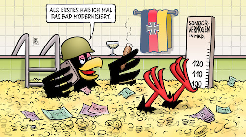 Cartoon: Sondervermögen (medium) by Harm Bengen tagged bad,modernisiert,bundesadler,adler,geld,baden,bundeswehr,sondervermögen,stahlhelm,bundestag,russland,ukraine,krieg,harm,bengen,cartoon,karikatur,bad,modernisiert,bundesadler,adler,geld,baden,bundeswehr,sondervermögen,stahlhelm,bundestag,russland,ukraine,krieg,harm,bengen,cartoon,karikatur