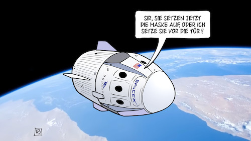 Cartoon: SpaceX-Maske (medium) by Harm Bengen tagged spacex,maske,streit,weltraum,raumfahrt,crewdragon,iss,corona,harm,bengen,cartoon,karikatur,spacex,maske,streit,weltraum,raumfahrt,crewdragon,iss,corona,harm,bengen,cartoon,karikatur