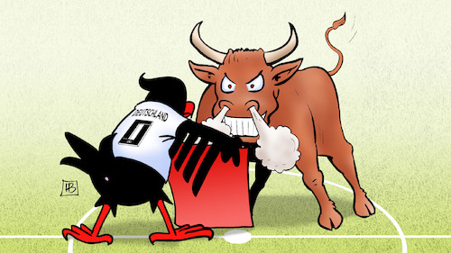 Cartoon: Spanien-Deutschland (medium) by Harm Bengen tagged deutschland,spanien,fussball,em,adler,stierkampf,harm,bengen,cartoon,karikatur,deutschland,spanien,fussball,em,adler,stierkampf,harm,bengen,cartoon,karikatur