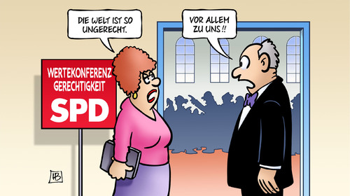 Cartoon: SPD-Gerechtigkeit (medium) by Harm Bengen tagged wertekonferenz,gerechtigkeit,welt,ungerecht,spd,partei,wahlen,jammern,mitleid,harm,bengen,cartoon,karikatur,wertekonferenz,gerechtigkeit,welt,ungerecht,spd,partei,wahlen,jammern,mitleid,harm,bengen,cartoon,karikatur