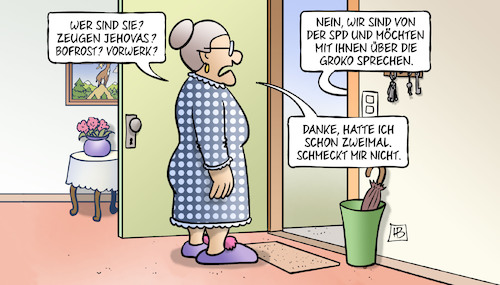 Cartoon: SPD-Klinkenputzen (medium) by Harm Bengen tagged zeugen,jehovas,bofrost,vorwerk,susemil,haustür,klinkenputzen,vertreter,spd,groko,harm,bengen,cartoon,karikatur,zeugen,jehovas,bofrost,vorwerk,susemil,haustür,klinkenputzen,vertreter,spd,groko,harm,bengen,cartoon,karikatur