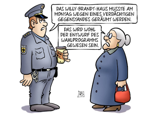 Cartoon: SPD-Zentrale geräumt (medium) by Harm Bengen tagged spd,zentrale,geräumt,willy,brandt,haus,verdächtiger,gegenstand,entwurf,wahlprogramm,polizei,polizist,susemil,harm,bengen,cartoon,karikatur,spd,zentrale,geräumt,willy,brandt,haus,verdächtiger,gegenstand,entwurf,wahlprogramm,polizei,polizist,susemil,harm,bengen,cartoon,karikatur