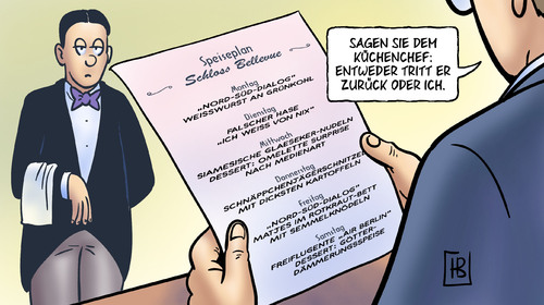 Cartoon: Speiseplan (medium) by Harm Bengen tagged medien,journalisten,transparenz,krieg,bild,bildzeitung,drohen,drohung,rubikon,affaere,unternehmer,wulff,bundespraesident,maschmeyer,geerkens,glaeseker,berater,bestechung,anwalt,kredit,vorteil,vorteilsnahme,zinsen,korruption,anzeigen,ruecktritt,mitleid,diekmann,doepfner,koch,butler,speiseplan,bellevue,schloss,medien,journalisten,transparenz,bild,bildzeitung,krieg,drohung,wulff,maschmeyer,geerkens