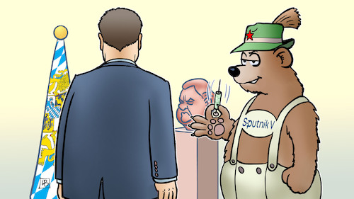 Cartoon: Sputnik für Bayern (medium) by Harm Bengen tagged sputnik,bayern,söder,strauss,bär,russland,impfstoff,corona,harm,bengen,cartoon,karikatur,sputnik,bayern,söder,strauss,bär,russland,impfstoff,corona,harm,bengen,cartoon,karikatur