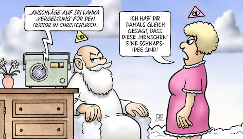 Cartoon: Sri Lanka und Christchurch (medium) by Harm Bengen tagged anschläge,sri,lanka,vergeltung,terror,christchurch,christen,islamisten,menschen,schnapsidee,gott,frau,himmel,harm,bengen,cartoon,karikatur,anschläge,sri,lanka,vergeltung,terror,christchurch,christen,islamisten,menschen,schnapsidee,gott,frau,himmel,harm,bengen,cartoon,karikatur