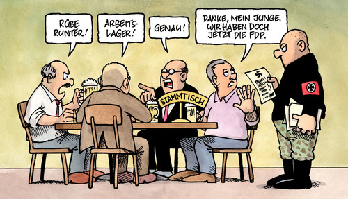 Cartoon: Stammtisch (medium) by Harm Bengen tagged stammtisch,sozial,sozialstaat,rechtsradikal,parolen,westerwelle,fdp,npd,faschisten,stammtisch,sozialstaat,rechtsradikal,parolen,westerwelle,fdp,npd,faschisten,nazi,nazis,rechts