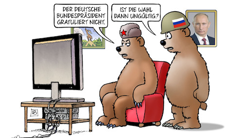 Cartoon: Steinmeier-Gratulation (medium) by Harm Bengen tagged deutsche,bundespräsident,steinmeier,gratulation,ungültig,gewonnen,moskau,wiederwahl,russland,wahl,putin,bären,manipulation,fälschung,wahlfälschung,harm,bengen,cartoon,karikatur,deutsche,bundespräsident,steinmeier,gratulation,ungültig,gewonnen,moskau,wiederwahl,russland,wahl,putin,bären,manipulation,fälschung,wahlfälschung,harm,bengen,cartoon,karikatur