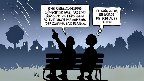 Cartoon: Sternschnuppe (medium) by Harm Bengen tagged sternschnuppe,perseiden,bruchstuecke,komet,109p,swift,tuttle,nacht,romantik,wunsch,schnauze,halten,harm,bengen,cartoon,karikatur,sternschnuppe,perseiden,bruchstuecke,komet,109p,swift,tuttle,nacht,romantik,wunsch,schnauze,halten,harm,bengen,cartoon,karikatur