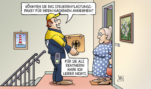 Cartoon: Steuerentlastungspaket (medium) by Harm Bengen tagged steuerentlastungspaket,nachbarn,paketbote,postbote,rentnerin,susemil,gerechtigkeit,soziales,harm,bengen,cartoon,karikatur,steuerentlastungspaket,nachbarn,paketbote,postbote,rentnerin,susemil,gerechtigkeit,soziales,harm,bengen,cartoon,karikatur