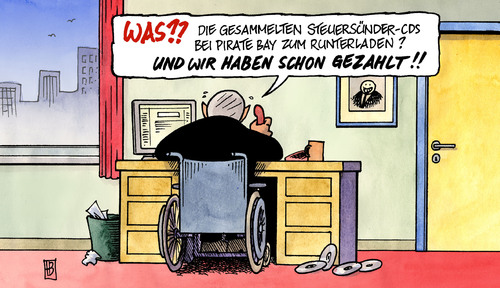 Cartoon: Steuersünder-CDs angekauft (medium) by Harm Bengen tagged steuersünder,cd,steuer,sünder,steuerhinterziehung,daten,diebstahl,finanzminister,schäuble,betrug,download,pirate,bay,schweiz,liechtenstein,luxembourg,steuersünder,cd,steuer,steuerhinterziehung,daten,diebstahl,finanzminister,schäuble,betrug,download,pirate,bay,schweiz,liechtenstein,luxembourg