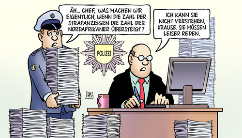 Cartoon: Strafanzeigen (medium) by Harm Bengen tagged polizei,strafanzeigen,nordafrikaner,angst,silvestervorfälle,frauen,übergriffe,sexuelle,belästigung,diebstahl,raub,köln,harm,bengen,cartoon,karikatur,polizei,strafanzeigen,nordafrikaner,angst,silvestervorfälle,frauen,übergriffe,sexuelle,belästigung,diebstahl,raub,köln,harm,bengen,cartoon,karikatur