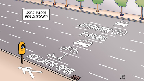 Cartoon: Strasse der Zukunft (medium) by Harm Bengen tagged strasse,der,zukunft,rollator,spur,emobil,mitfahrer,escooter,fahrrad,bus,scheuer,verkehrsminister,stvo,harm,bengen,cartoon,karikatur,strasse,der,zukunft,rollator,spur,emobil,mitfahrer,escooter,fahrrad,bus,scheuer,verkehrsminister,stvo,harm,bengen,cartoon,karikatur